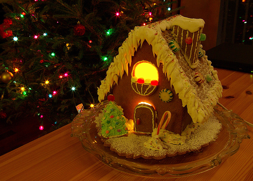 Gingerbread house with lights on